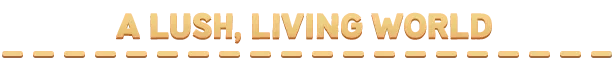 Demon Hunt: Bold text reads "A Lush, Living World" with dotted lines above and below.