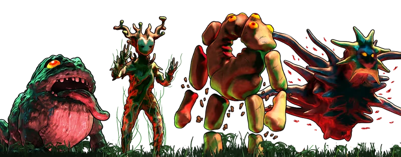 Demon Hunt: Four colorful, monstrous creatures with glowing eyes stand on grass.