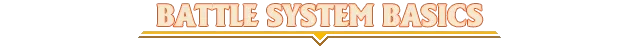 Demonschool: "Battle System Basics" text in bold, orange gradient with a yellow underline.