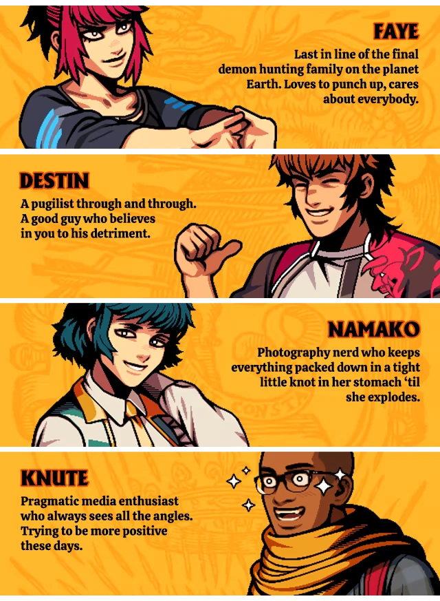 Demonschool: Four character profiles with names, traits, and vibrant illustrations on orange background.