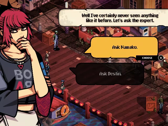 Demonschool: A character with pink hair ponders. Dialogue options: "Ask Namako" or "Ask Destin."