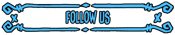Denari: Blue ornate banner with bold “FOLLOW US” text and X icons on both sides.