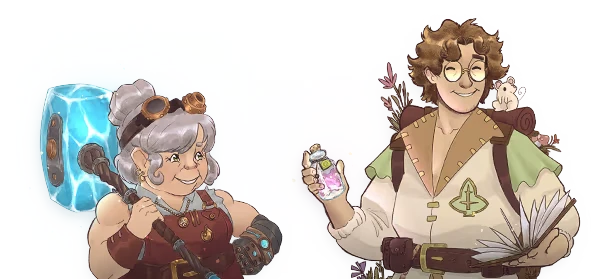 Design and Conjure: Two characters, one with a blue hammer, the other holding a potion and book.