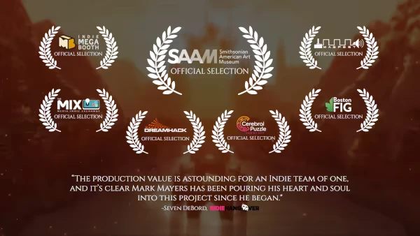 DESOLUS: Eight official selection laurels and a quote praising the game's production value.