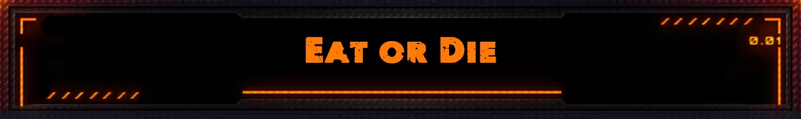 Desserted: "Eat or Die" in bold orange text on a dark, futuristic interface with orange accents.
