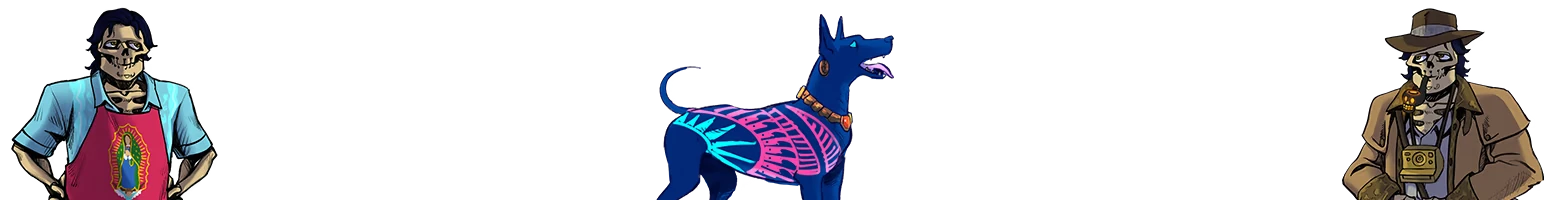 Xolo Companion Dog – Detective of the Dead Detective of the Dead: Skeleton cook in apron, blue dog, and trenchcoat detective art.