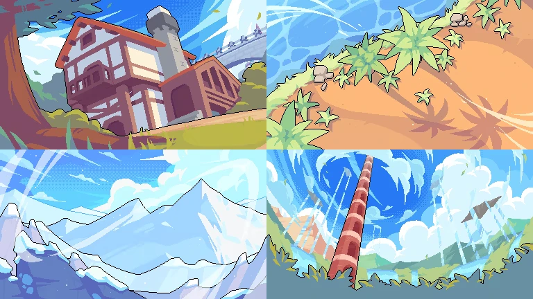 Four Landscapes Panel – Deus Exia Deus Exia: Four-panel pixel art of house, sandy slope, snowy peaks, and sky vortex tower.