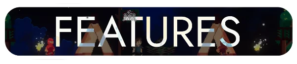 Devastablance. Mountain Brotherhood.: "FEATURES" text over pixel art with tents, fire, and trees.