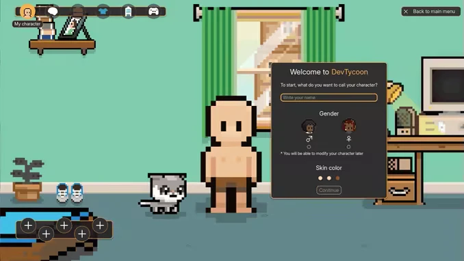 DevTycoon: Pixel art character creation screen with gender and skin color options, cat nearby.