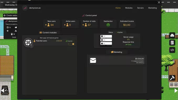 DevTycoon: Dark UI with stats, server details, marketing panel, and pixel art landscape.