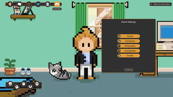 DevTycoon: Pixel character with cat, settings menu, and computer in a room with green walls.