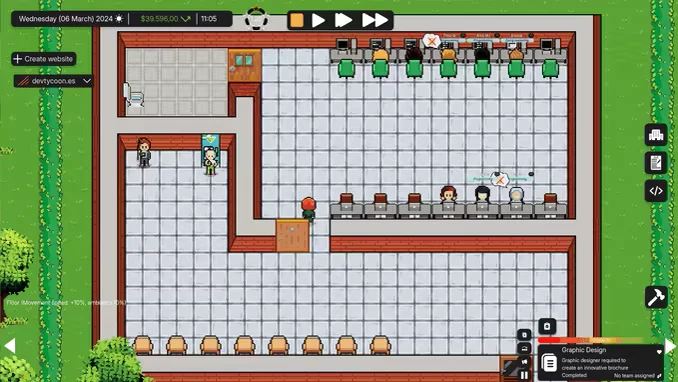 DevTycoon: Pixel art office with desks, computers, and characters. UI shows date, time, and tasks.