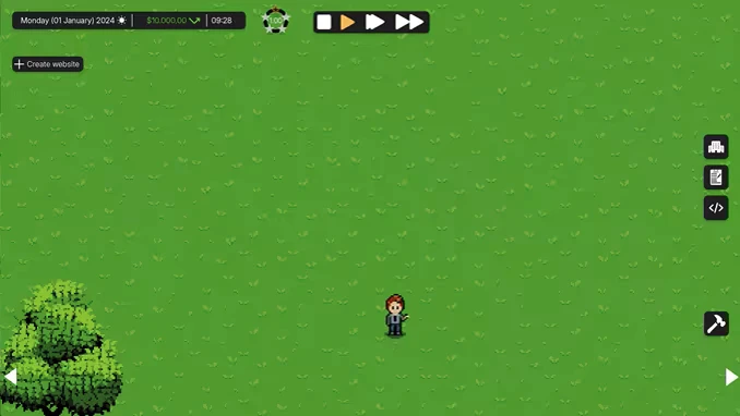 DevTycoon: Pixel character on green field, UI shows date, money, time, and "Create website" button.