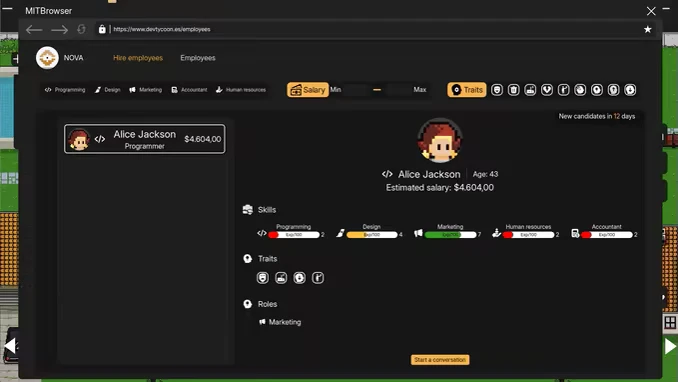 DevTycoon: Employee profile of Alice Jackson, programmer, with skills and salary details displayed.