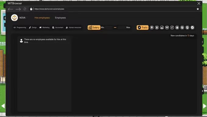 DevTycoon: Browser window with "Hire employees" tab, no employees available, salary and traits filters.