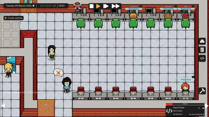 DevTycoon: Pixel art office with characters, computers, and UI showing date, time, and balance.