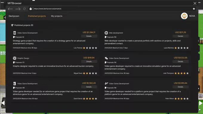 DevTycoon: Project list with categories, star ratings, and budgets in a dark-themed UI.