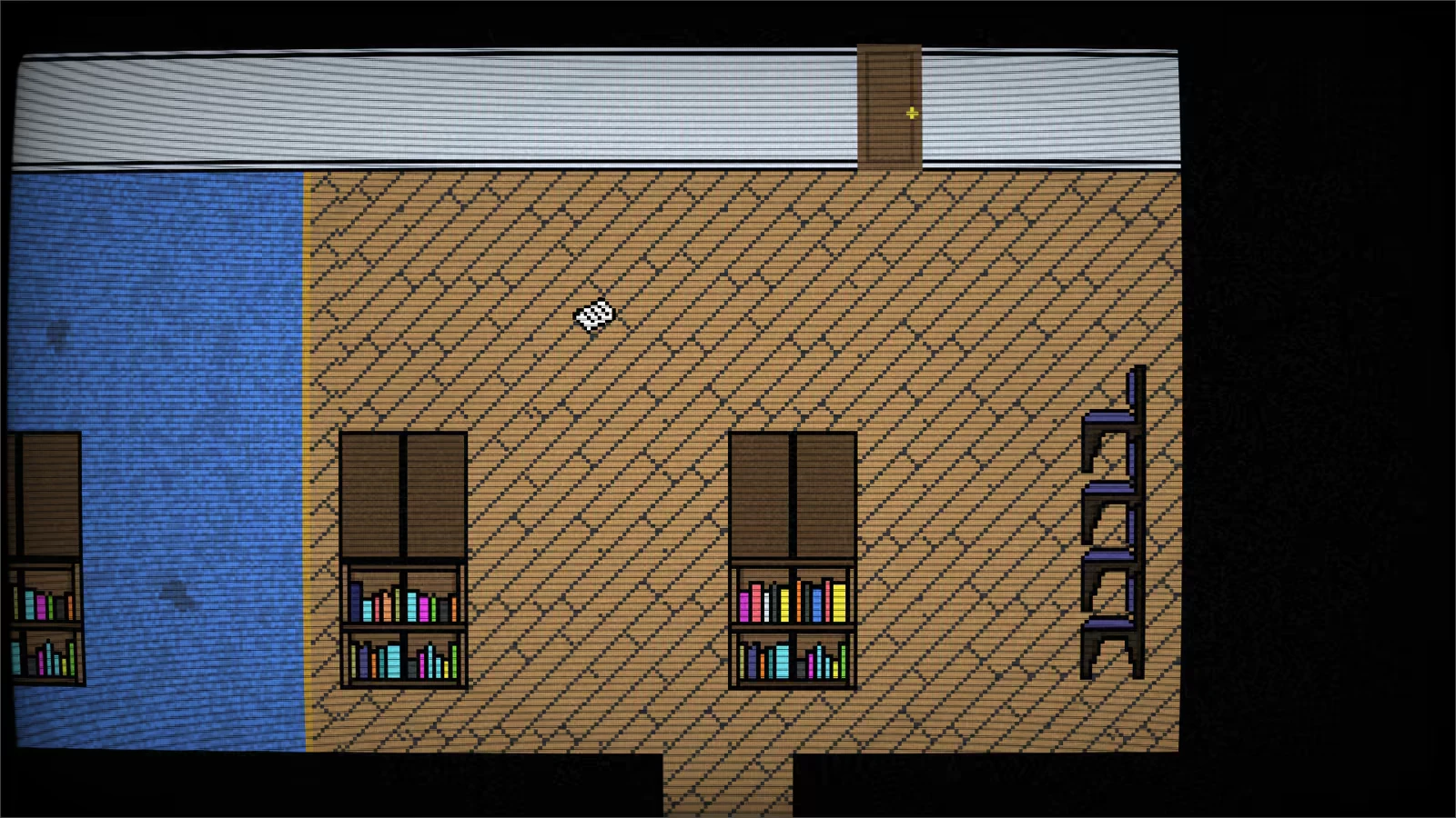 DIAPAUSE: Pixelated room with wooden floor, bookshelves, blue wall, and a small white object.