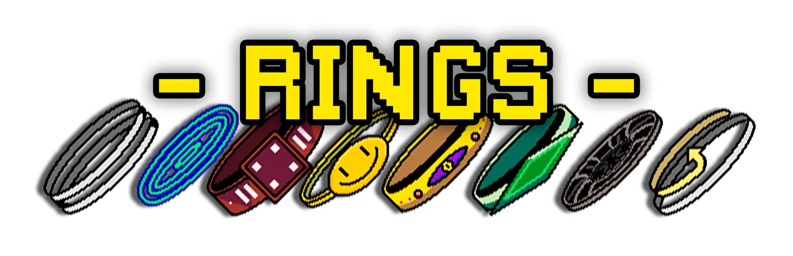 Rings Display – Dice A Million Dice A Million: Bold yellow "RINGS" text with various colorful rings below, including dice.