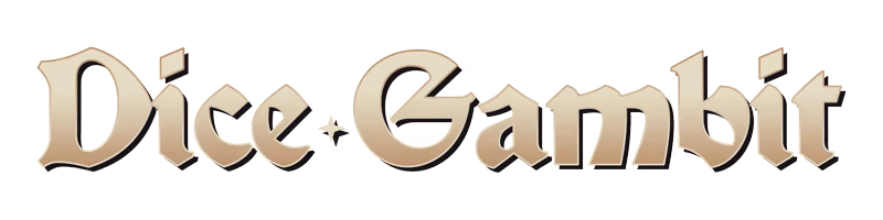 Dice Gambit: Stylized golden text logo with medieval font on a white background.