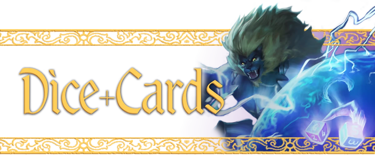Dice Legends: A fierce creature with glowing eyes and dice, framed by ornate golden borders.