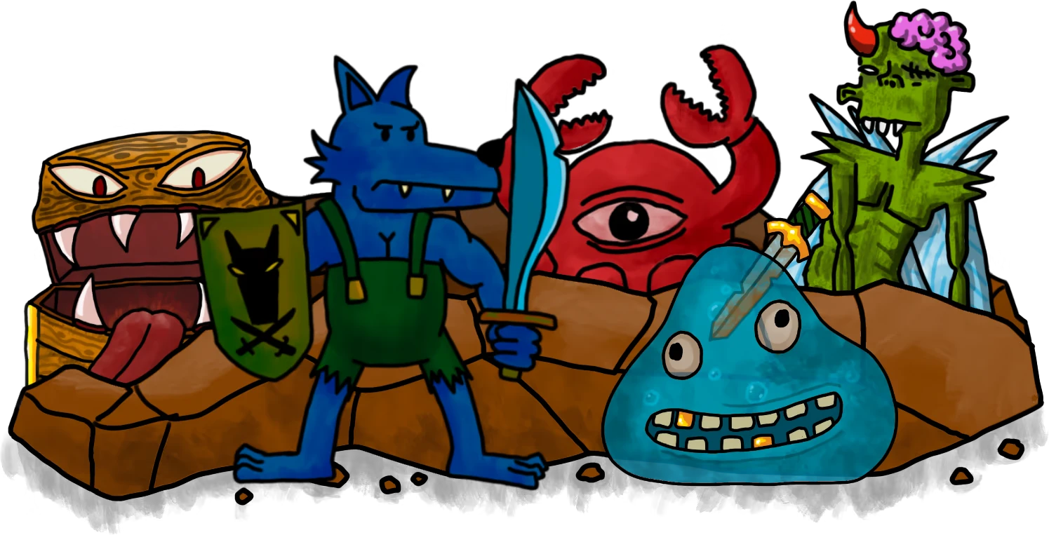 Die for the Rat King: Blue wolf warrior with sword faces cartoon monsters in cave rubble.