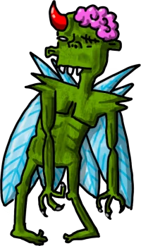 Die for the Rat King: Green fly monster with pink brain, red horn, and blue wings on black.