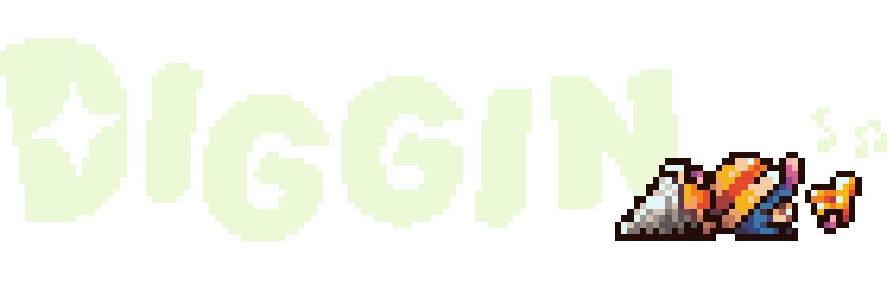 Diggin: Pixel art title with a mole digging beside colorful ores and musical notes.