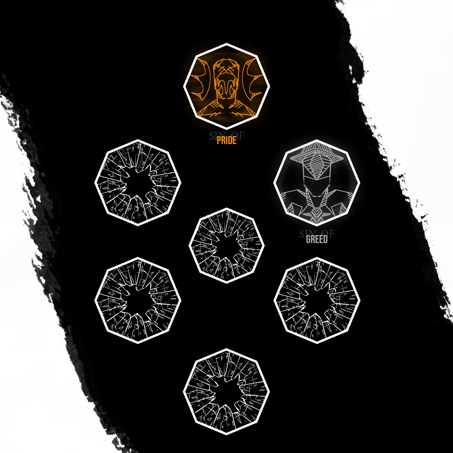 Dimenshot: Hex icons on black; orange PRIDE mask, gray GREED figure, cracked seals.
