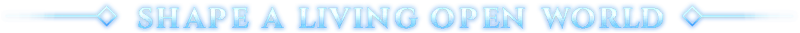 Dimraeth: Blue text reads "SHAPE A LIVING OPEN WORLD" with decorative lines on each side.