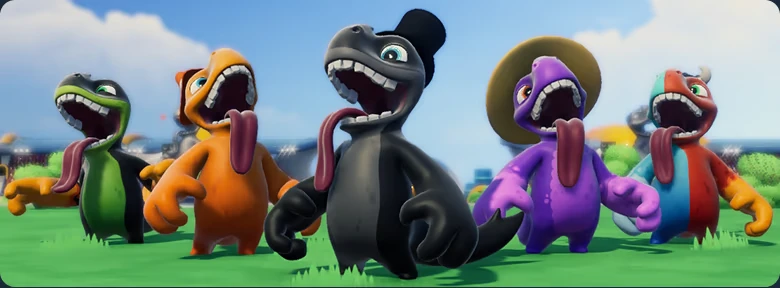 Dino Party: Five colorful dinosaurs with open mouths and hats stand on grass under a blue sky.