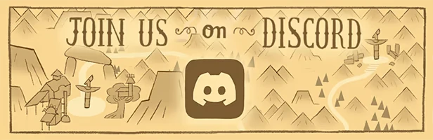 Dino Path Trail: Sepia map with mountains, structures, and "Join Us on Discord" text above.