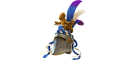 Dinolords: Medieval helmet with gold dinosaur crest, blue and white feathers, and ribbons.