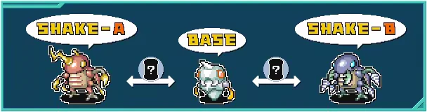 Disc Creatures WORLD: Pixel creatures labeled SHAKE-A, BASE, and SHAKE-B with arrows.