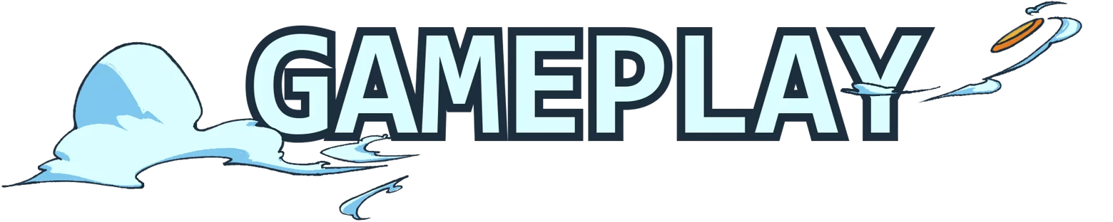 Gameplay Banner – Disc Out! Disc Out!: Large blue word “GAMEPLAY” with clouds and a flying orange disc icon.