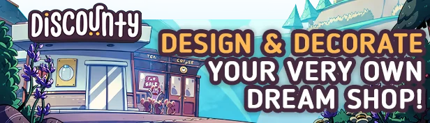 Discounty: Cartoon shop with "For Sale" sign, surrounded by trees and flowers, bold text reads "DESIGN & DECORATE YOUR VERY OWN DREAM SHOP!"