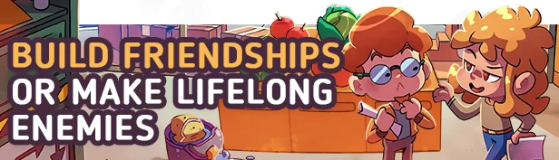 Discounty: Two animated characters converse near vegetables; bold text reads "BUILD FRIENDSHIPS OR MAKE LIFELONG ENEMIES."