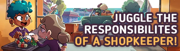 Discounty: Two characters at a counter, one with teal hair, text reads "Juggle the Responsibilities of a Shopkeeper!"