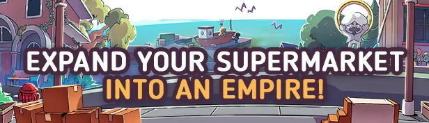 Discounty: Text "EXPAND YOUR SUPERMARKET INTO AN EMPIRE!" over a town scene with boxes.