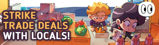 Discounty: Two characters organize groceries; text reads "STRIKE TRADE DEALS WITH LOCALS!"