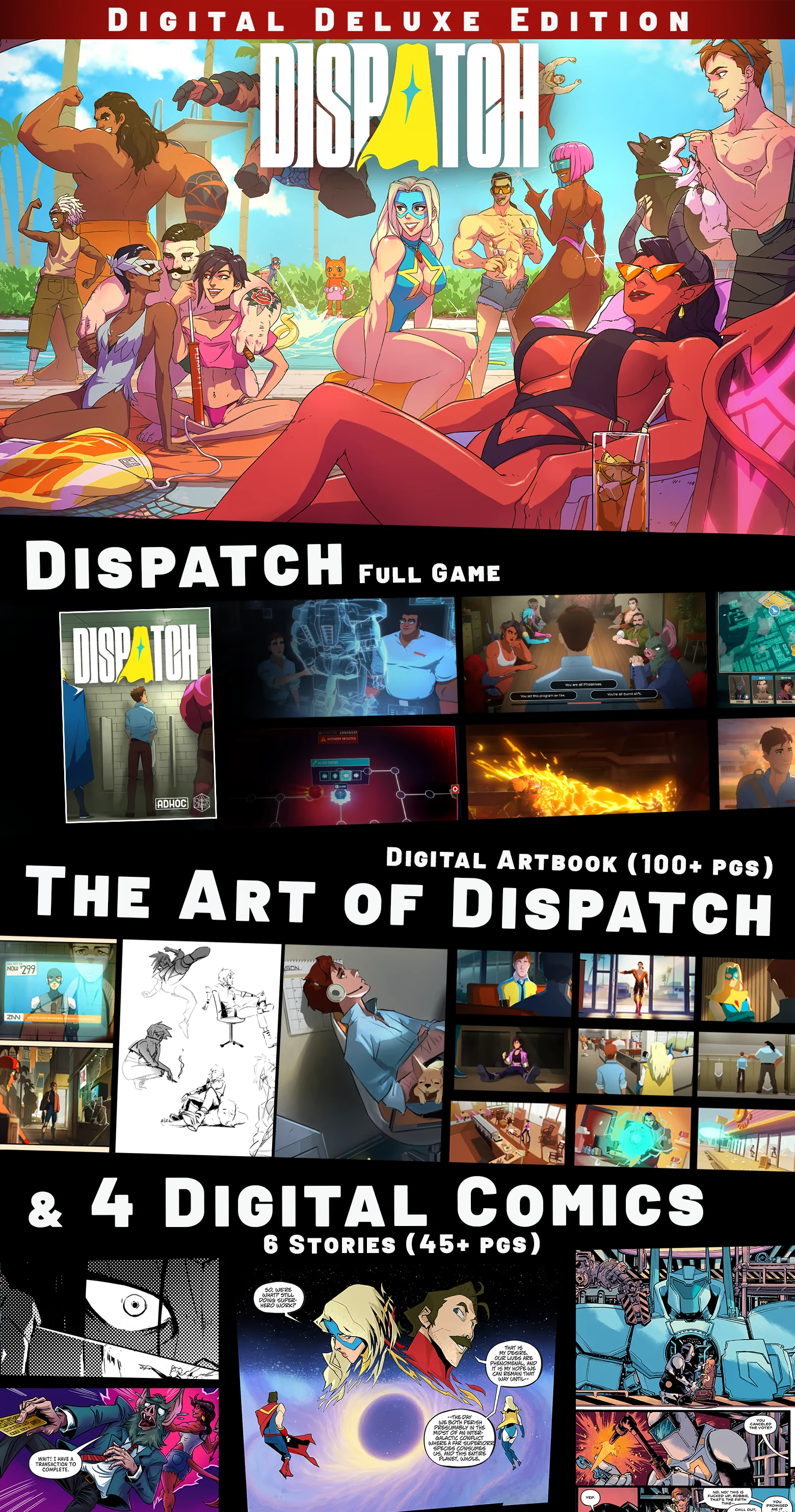 Dispatch: Colorful heroes at a pool party, comic panels, and digital art showcase game content.