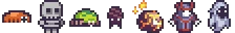 Enemy Sprite Lineup – Dispel Dark Dispel Dark: Pixel art lineup of enemies: crab, skeleton, slime, bat, chest, mage, ghost.