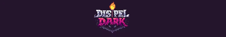 Game Logo – Dispel Dark Dispel Dark: Pixel logo with orange flame above white “DISPEL” and pink “DARK” text.
