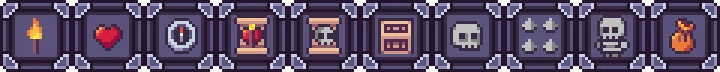 Hud Status Icons – Dispel Dark Dispel Dark: Pixel UI bar with torch, heart, eye, hourglasses, skulls, spikes, coin bag icons.