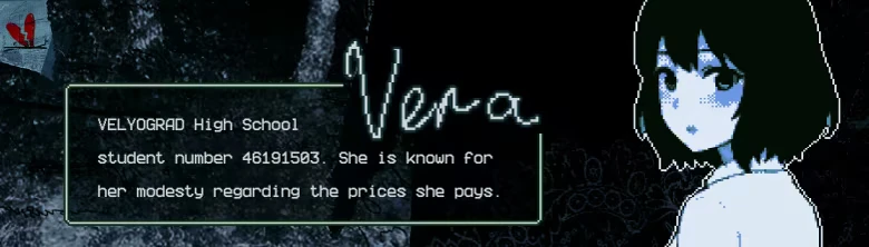 Dissolution of the Silent Union: Pixel girl portrait with text box about Velyograd High School.