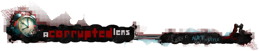 Corrupted Lens Banner – Dithered Dithered: Banner with alarm clock and pixel text “corrupted lens” and “ART STYLE”.