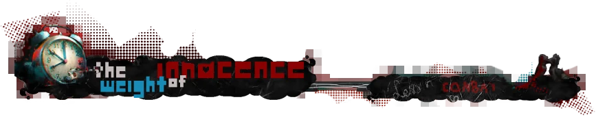 Innocence Banner – Dithered Dithered: Alarm clock beside pixel text “the weight of innocence” and “COMBAT”.