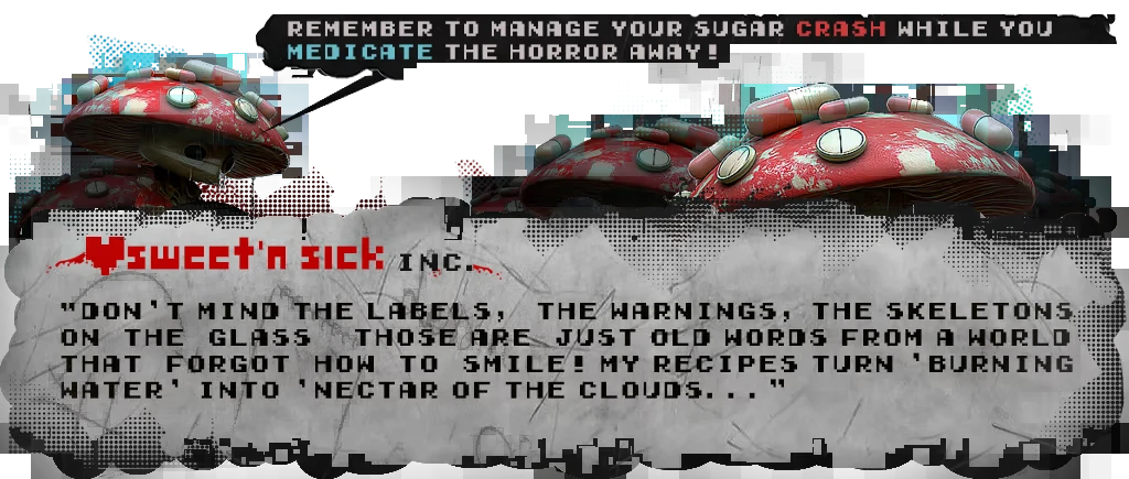 Mushroom Medicine Advice – Dithered Dithered: Glitchy dialogue box with red mushrooms and pixel text about sugar crash.