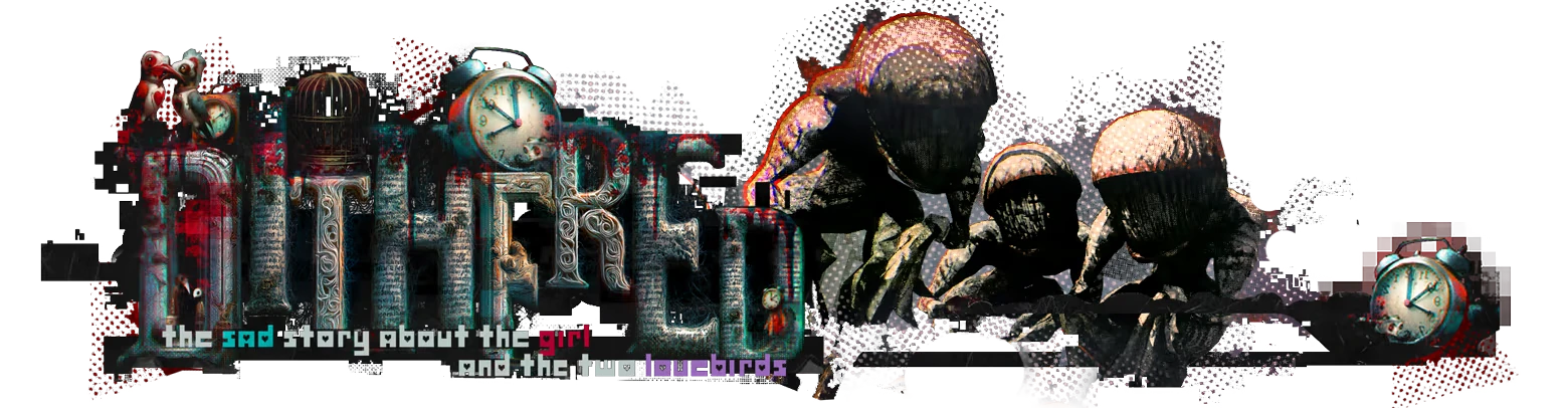 Title Clock Horror – Dithered Dithered: Title logo with clocks, plus three faceless figures and pixelated tagline text.