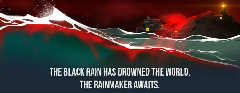 DIVE or DIE: Red sea swells by shore buildings; text: THE BLACK RAIN HAS DROWNED THE WORLD.